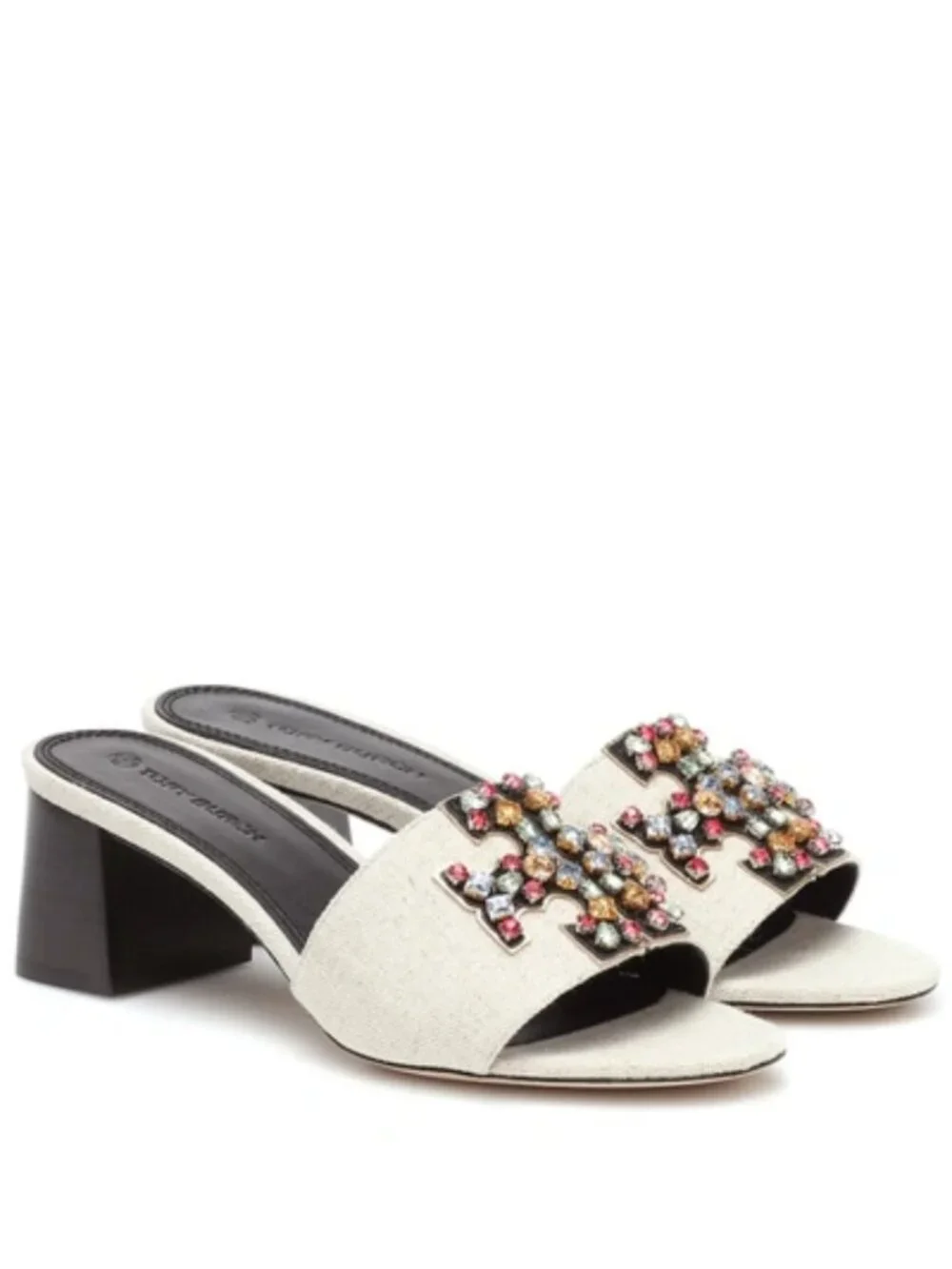 TORY BURCH Ines Embellished Linen Leather Mules 9.5 Rhinestone $300